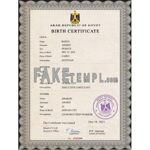 Egypt fake vital record birth certificate photoshop template psd
